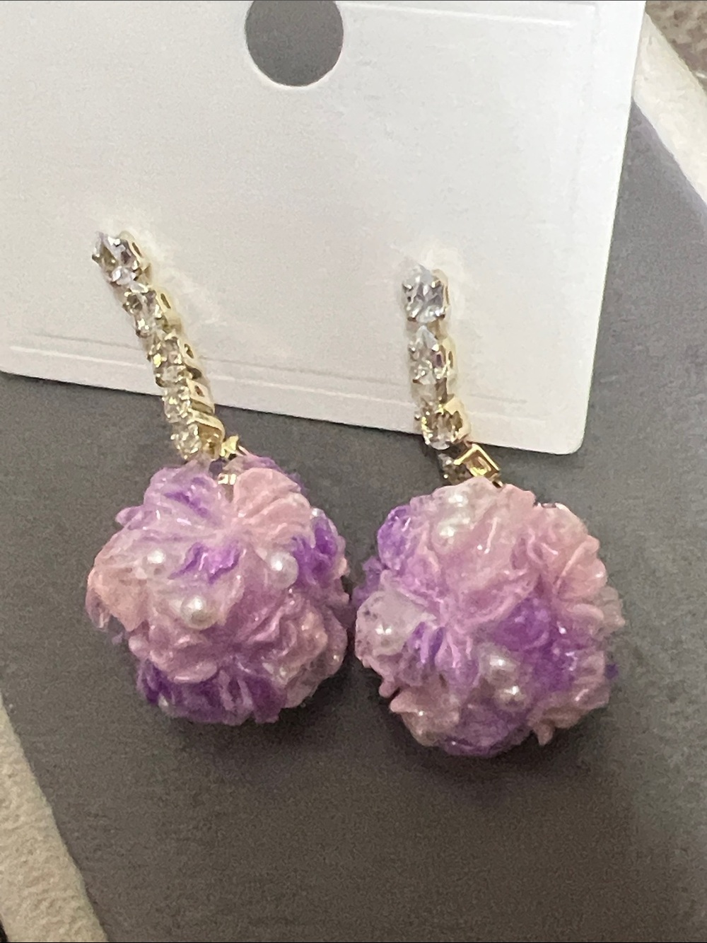 Gold Drop Moissanite Earrings with Pink & Purple Floral Resin Spheres